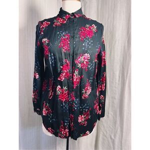 H&M Women's Black and Pink Floral Blouse - Size 6